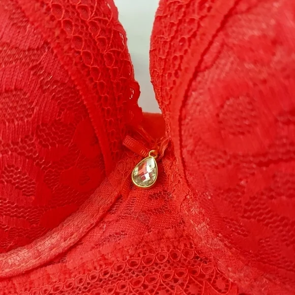 Bra Size 36C Underwire Molded Cup Red Demi Cup Lace Leopard Print Rhinestone - Picture 3 of 10